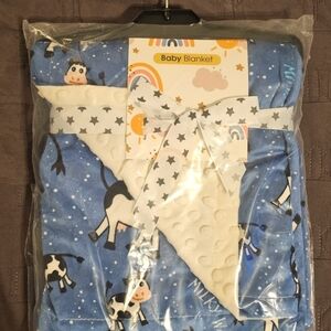 Blue and White Baby Blanket with Cow Print